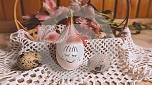 Easter egg with a smile. Around the Easter basket with quail eggs and pink alstroemerias. photo