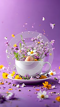 Easter egg and spring flowers in a cup of tea on a violet background, creative Easter holiday concept, minimalism for