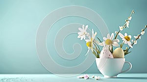 Easter egg and spring flowers in a empty cup on a blue backgroun