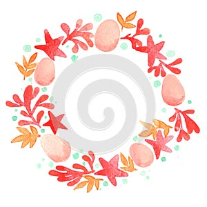 Easter egg, starfish, orange seaweed and coral wreath.