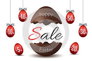 Easter egg text sale. Chocolate broken Happy Easter egg 3D template isolated white background. Design banner, greeting