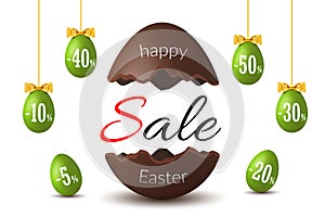 Easter egg text sale. Chocolate Happy Easter egg 3D template isolated white background. Design banner, greeting