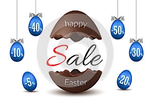 Easter egg text sale. Chocolate Happy Easter egg 3D template isolated white background. Design banner, greeting