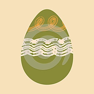 Easter egg vector illustration. Cute green egg decorated with hand drawn brush strokes on pastel beige background. Flat