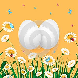 Easter egg vector illustration. group of eggs with flowers, grass, ladybug and butterfly on orange.