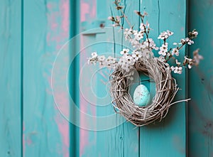 an easter egg in a white wreath hanging, on a wooden door