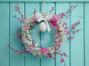 an easter egg in a white wreath hanging, on a wooden door