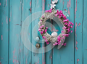 an easter egg in a white wreath hanging, on a wooden door