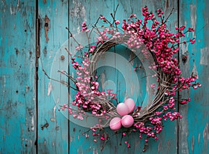 an easter egg in a white wreath hanging, on a wooden door