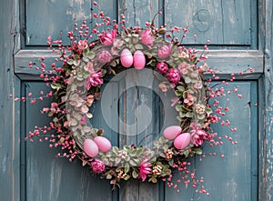 an easter egg in a white wreath hanging, on a wooden door