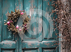 an easter egg in a white wreath hanging, on a wooden door