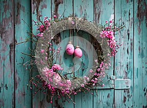 an easter egg in a white wreath hanging, on a wooden door