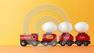 Easter egg on wooden toy train with copy space for texts.