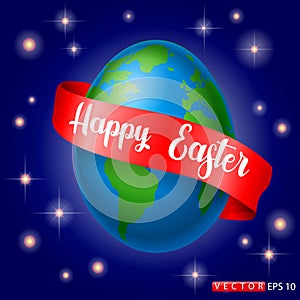 Easter egg with a world map. Planet earth in the form of an egg on a sky blue background with greeting text Happy Easter in red.