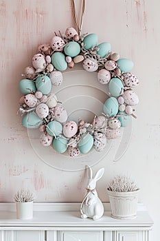 Easter egg wreath and ceramic bunny on a mantel.AI Generated