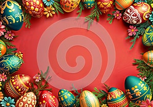 easter egg wreath on a red background with floral ornaments in the middle