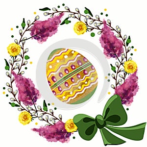 Easter egg and wreath of willow branches and flowers. Easter illustration.