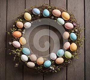Easter egg wreath on a wooden background. Also available in vertical.