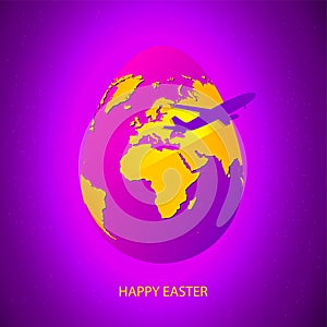 Easter egg with yellow world map. Planet Earth in form of egg on bright purple background with flying air plane, stars and