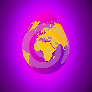 Easter egg with yellow world map. Planet Earth in form of egg on bright purple background with stars