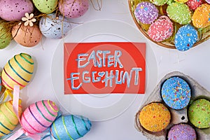 Easter egghunt concept. Composition of easter eggs flat lay.