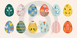 Easter eggs. Abstract cartoon pattern decoration spring holiday, cute decorative icons, happy Easter concept. Vector set
