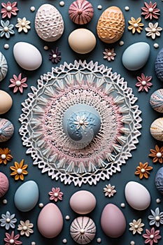 Easter eggs arranged in mandala pattern with pastel colors