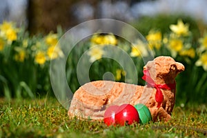 Easter eggs and a baked Easter lamb in a meadow