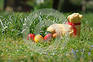 Easter eggs and a baked Easter lamb in a meadow photo