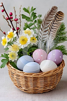 Easter eggs in basket with flowers and feathers