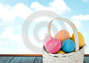 Easter eggs in basket in front of blue sky