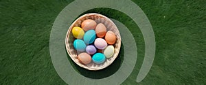Easter Eggs in a Basket on Grass