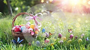 Easter Eggs In basket On Grass With Butterflies