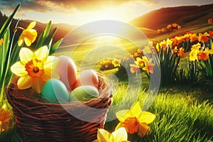 Easter eggs in basket in grass with yellow daffodils. Colorful decorated easter