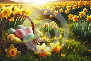 Easter eggs in basket in grass with yellow daffodils. Colorful decorated easter