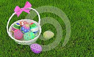 Easter eggs in a basket on a green field Computer generated image