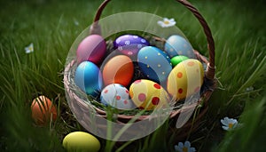 Easter eggs in basket on green grass background. Happy Easter
