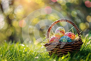 Easter eggs in a basket on green grass with bokeh background