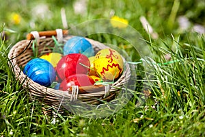 Easter eggs in basket on green grass.