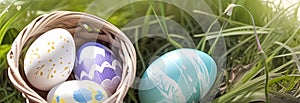 Easter eggs in a basket on green grass, panoramic banner