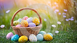 Easter eggs in basket on green grass with spring flowers at sunny day