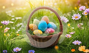 Easter eggs in basket on green grass with spring flowers at sunny day