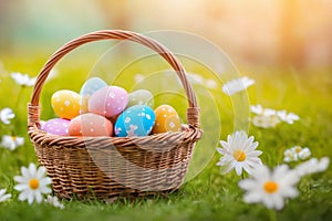 Easter eggs in basket on green grass with spring flowers at sunny day