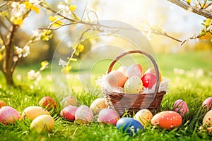 Easter eggs in basket on green grass at sunny day