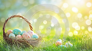 Easter eggs in a basket on green grass, sunny spring background