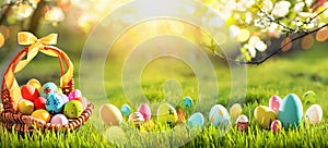 Easter Eggs in a Basket on Green Grass Sunny Background