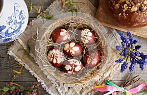 Easter eggs in a basket with mazanec - Czech sweet Easter pastry similar to hot cross bun