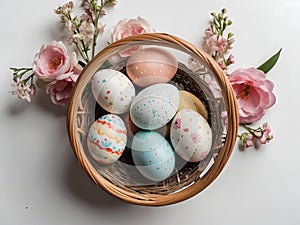 Easter eggs in a basket, pastel colors, painted delicately. With flowers on the background. Happy Easter