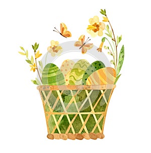 Easter eggs basket - rustic style. Themed spring template for eco farm products, cards, posters, banners.