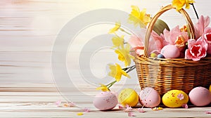 easter eggs in a basket with spring flowers on wooden background